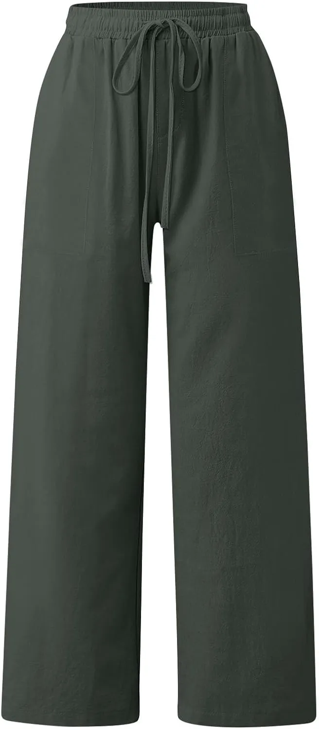Womens Capri Pants Wide Leg Summer Cotton Linen Cargo, Cargo Pants Women Trousers with Pockets Baggy Low Rise