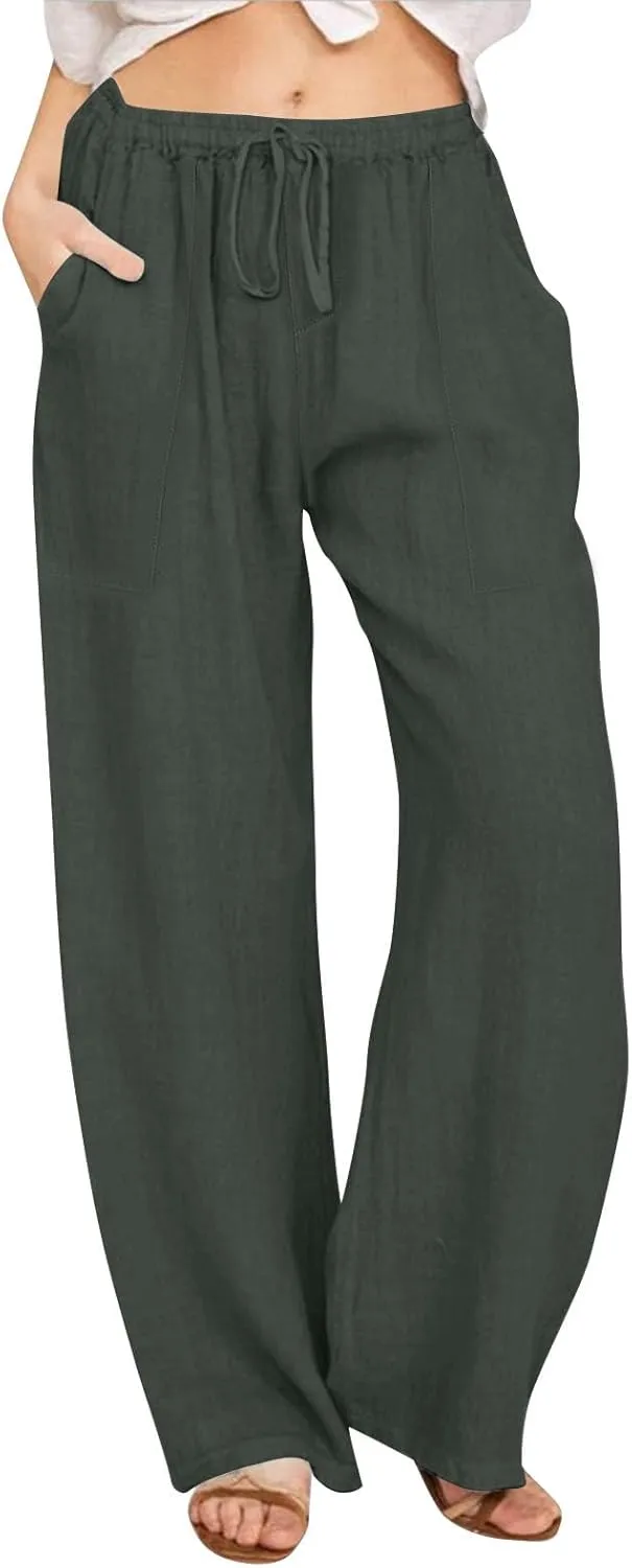 Womens Capri Pants Wide Leg Summer Cotton Linen Cargo, Cargo Pants Women Trousers with Pockets Baggy Low Rise