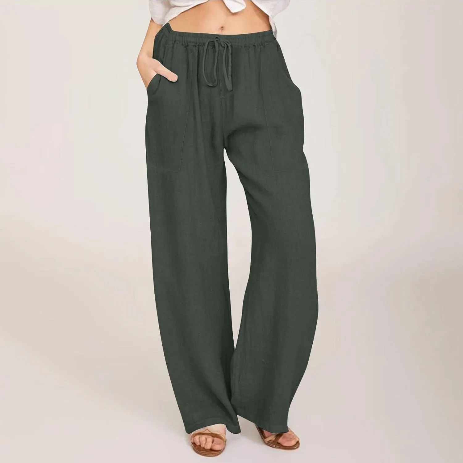 Womens Capri Pants Wide Leg Summer Cotton Linen Cargo, Cargo Pants Women Trousers with Pockets Baggy Low Rise