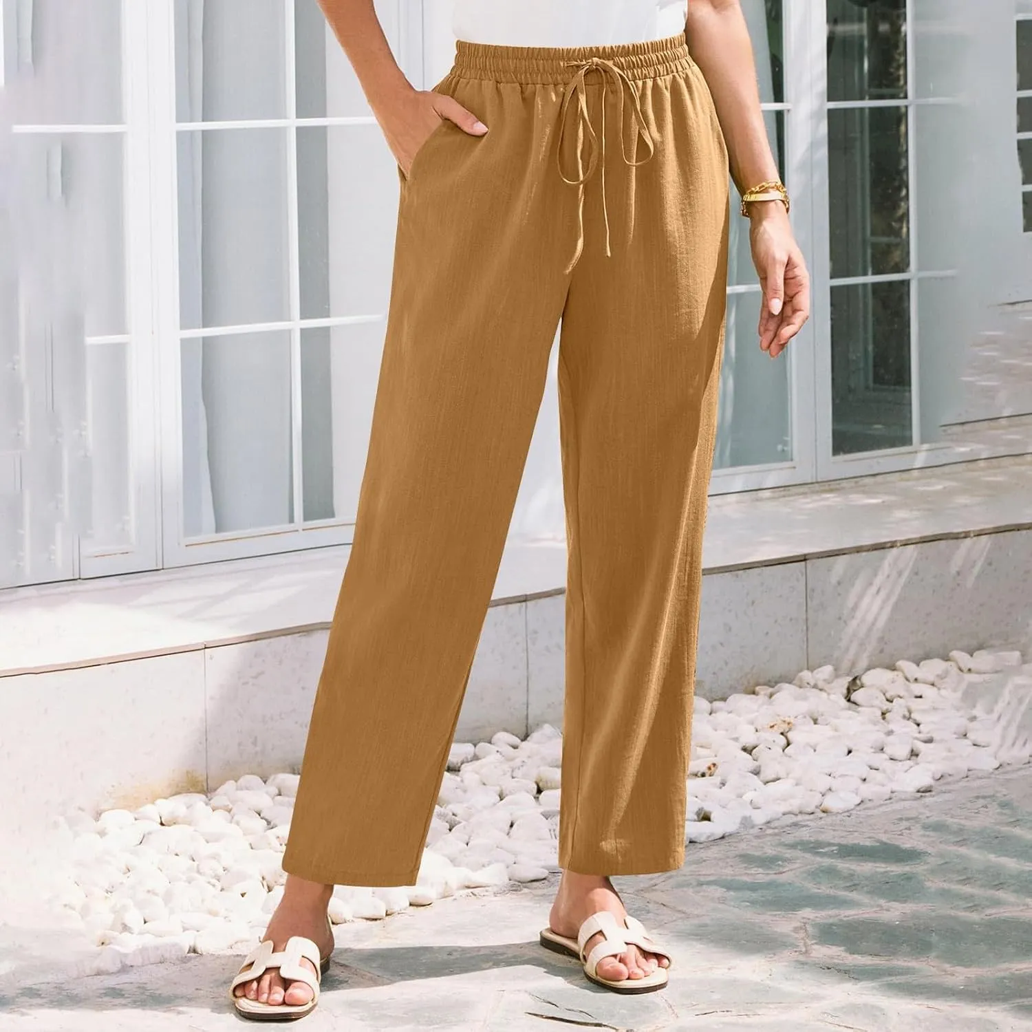 Womens Capri Pants Work, Plus Size Cargo Pants for Women Plus Size Linen Trousers Low Rise Straight Leg Summer