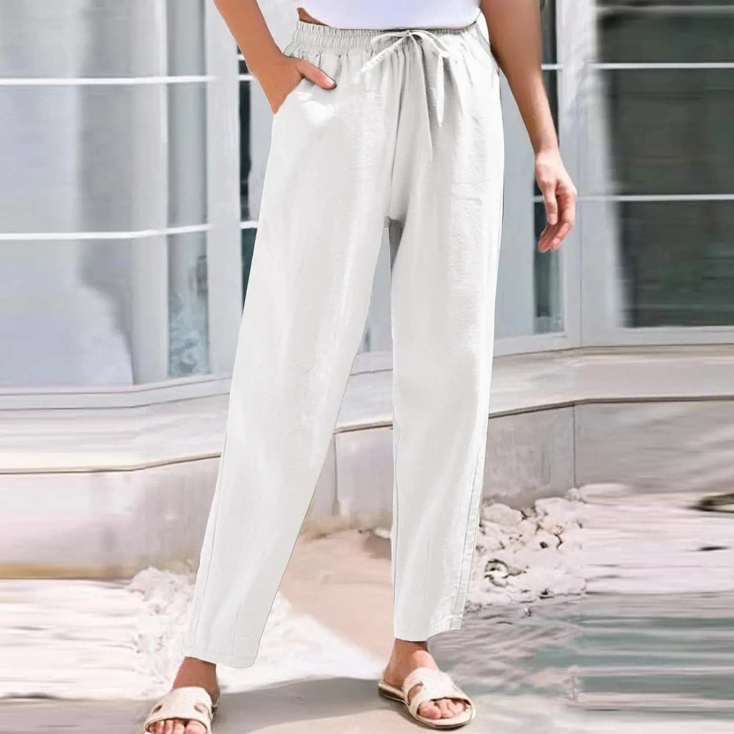 Womens Capri Pants Work, Plus Size Cargo Pants for Women Plus Size Linen Trousers Low Rise Straight Leg Summer