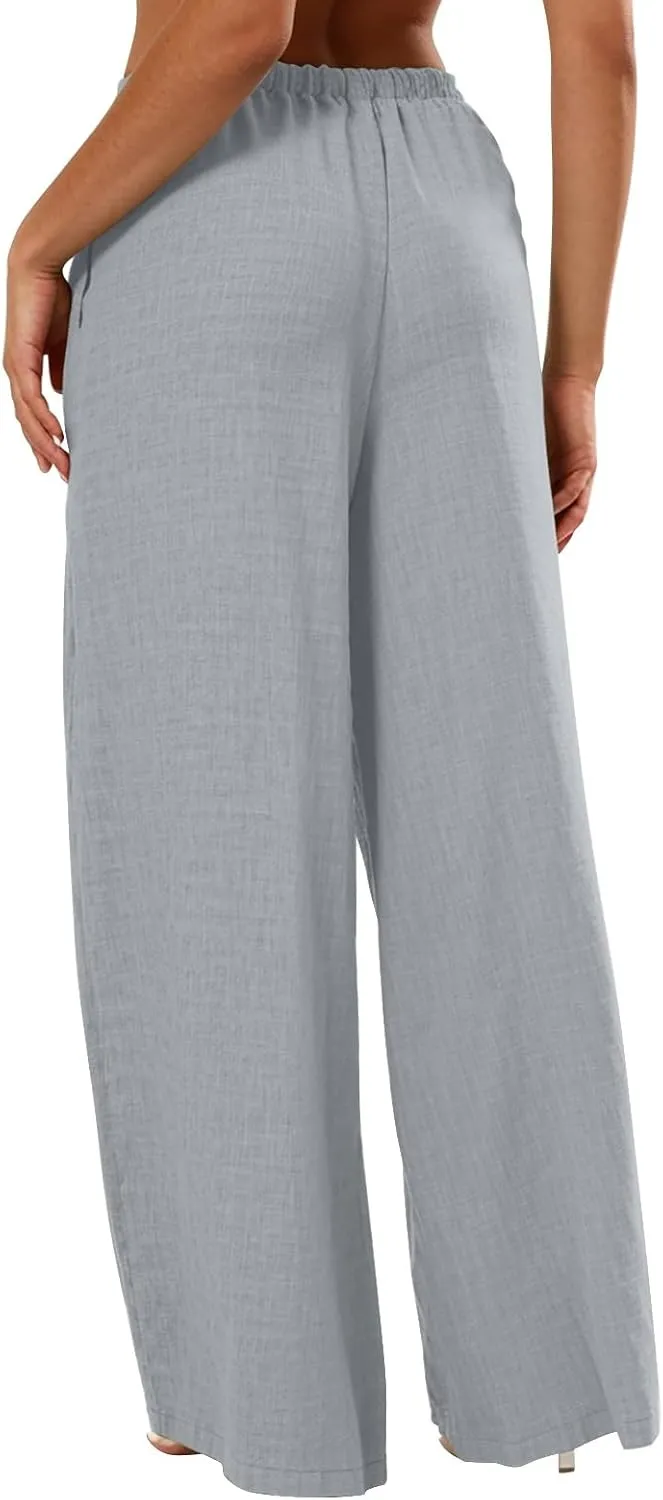 Womens Cargo Pants, White Pants Women Linen Cotton Work Palazzo Trousers Straight Leg Summer High Waisted