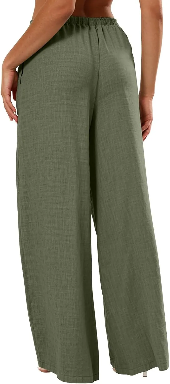 Womens Cargo Pants, White Pants Women Linen Cotton Work Palazzo Trousers Straight Leg Summer High Waisted