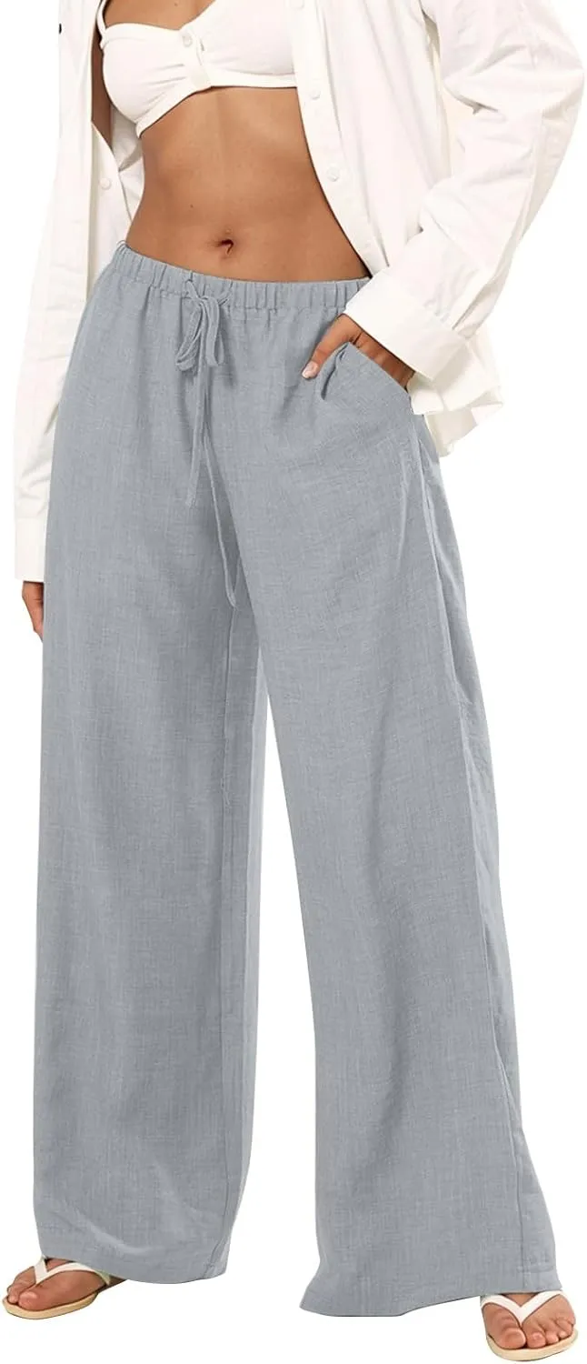 Womens Cargo Pants, White Pants Women Linen Cotton Work Palazzo Trousers Straight Leg Summer High Waisted