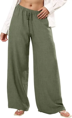 Womens Cargo Pants, White Pants Women Linen Cotton Work Palazzo Trousers Straight Leg Summer High Waisted