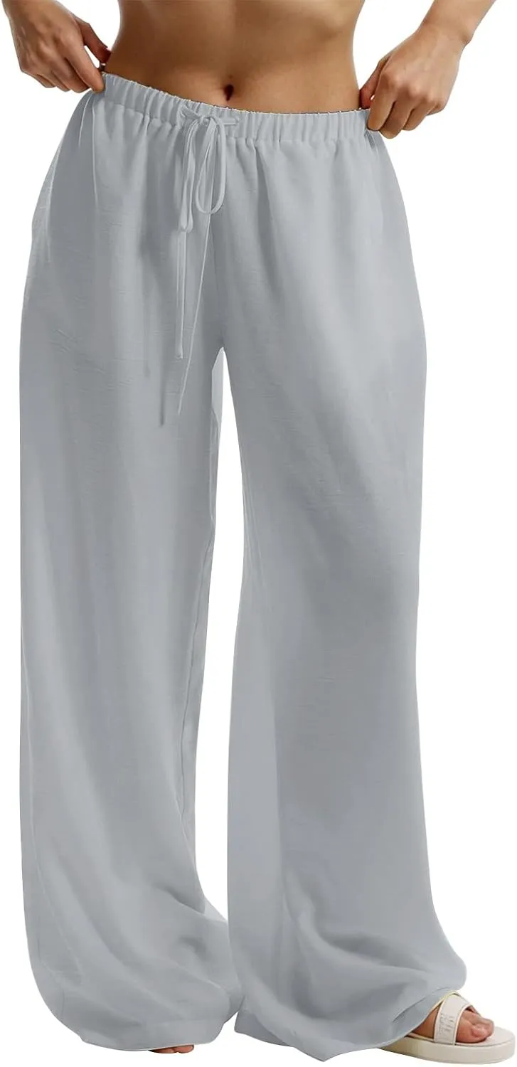 Womens Cargo Pants, White Pants Women Linen Cotton Work Palazzo Trousers Straight Leg Summer High Waisted