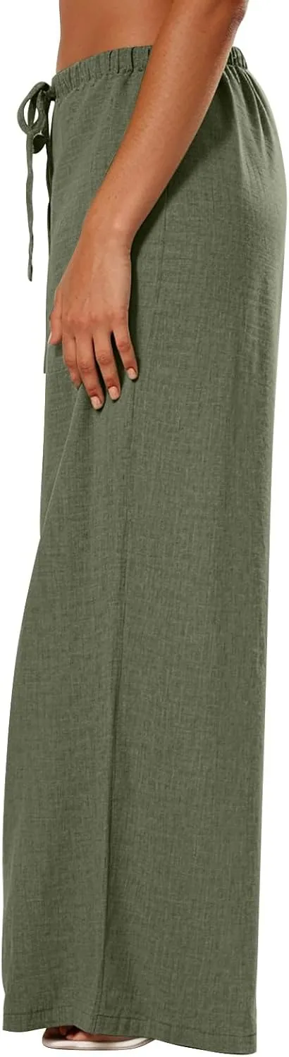 Womens Cargo Pants, White Pants Women Linen Cotton Work Palazzo Trousers Straight Leg Summer High Waisted