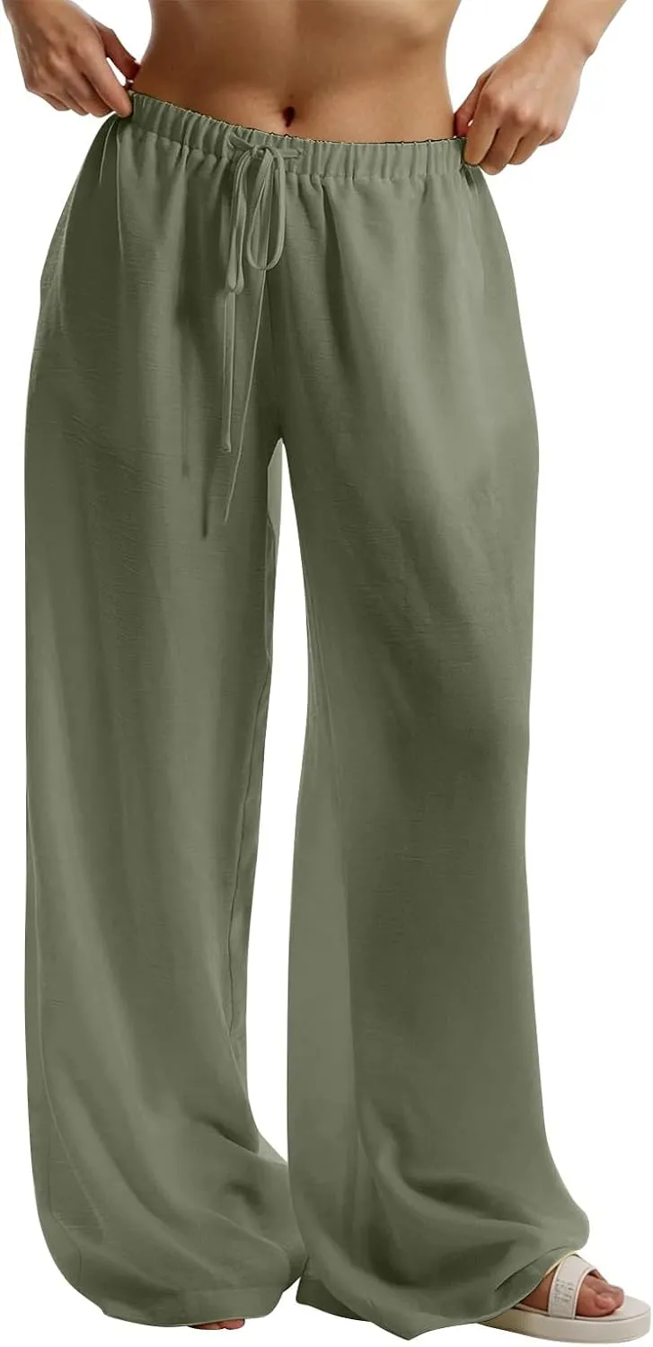 Womens Cargo Pants, White Pants Women Linen Cotton Work Palazzo Trousers Straight Leg Summer High Waisted