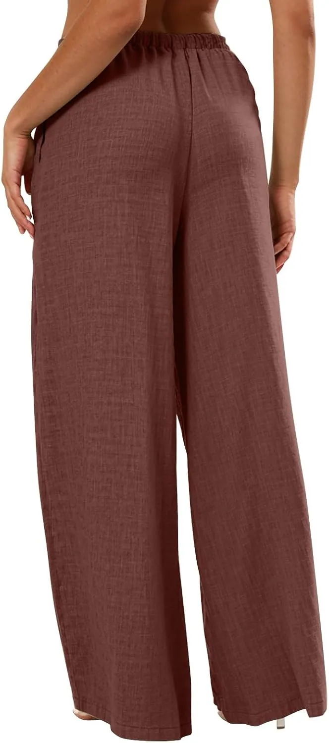 Womens Cargo Pants, White Pants Women Linen Cotton Work Palazzo Trousers Straight Leg Summer High Waisted