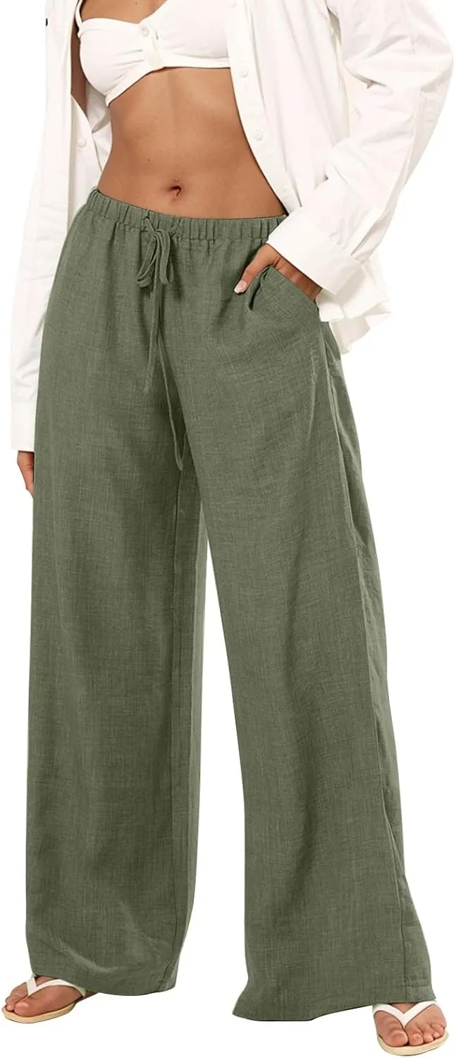 Womens Cargo Pants, White Pants Women Linen Cotton Work Palazzo Trousers Straight Leg Summer High Waisted