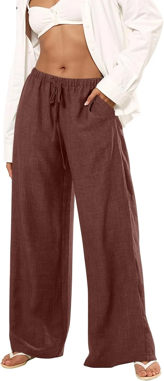 Womens Cargo Pants, White Pants Women Linen Cotton Work Palazzo Trousers Straight Leg Summer High Waisted