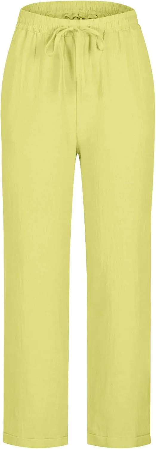 Womens Casual Cotton Linen Pants Lightweight Summer Relax Fit Drawstring Waist Plus Size Solid Lounge Long Trousers