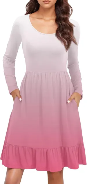 Women's Casual Short Dress Knee Length Crewneck Long Sleeve A Line Flowy Striped Going Out Dresses