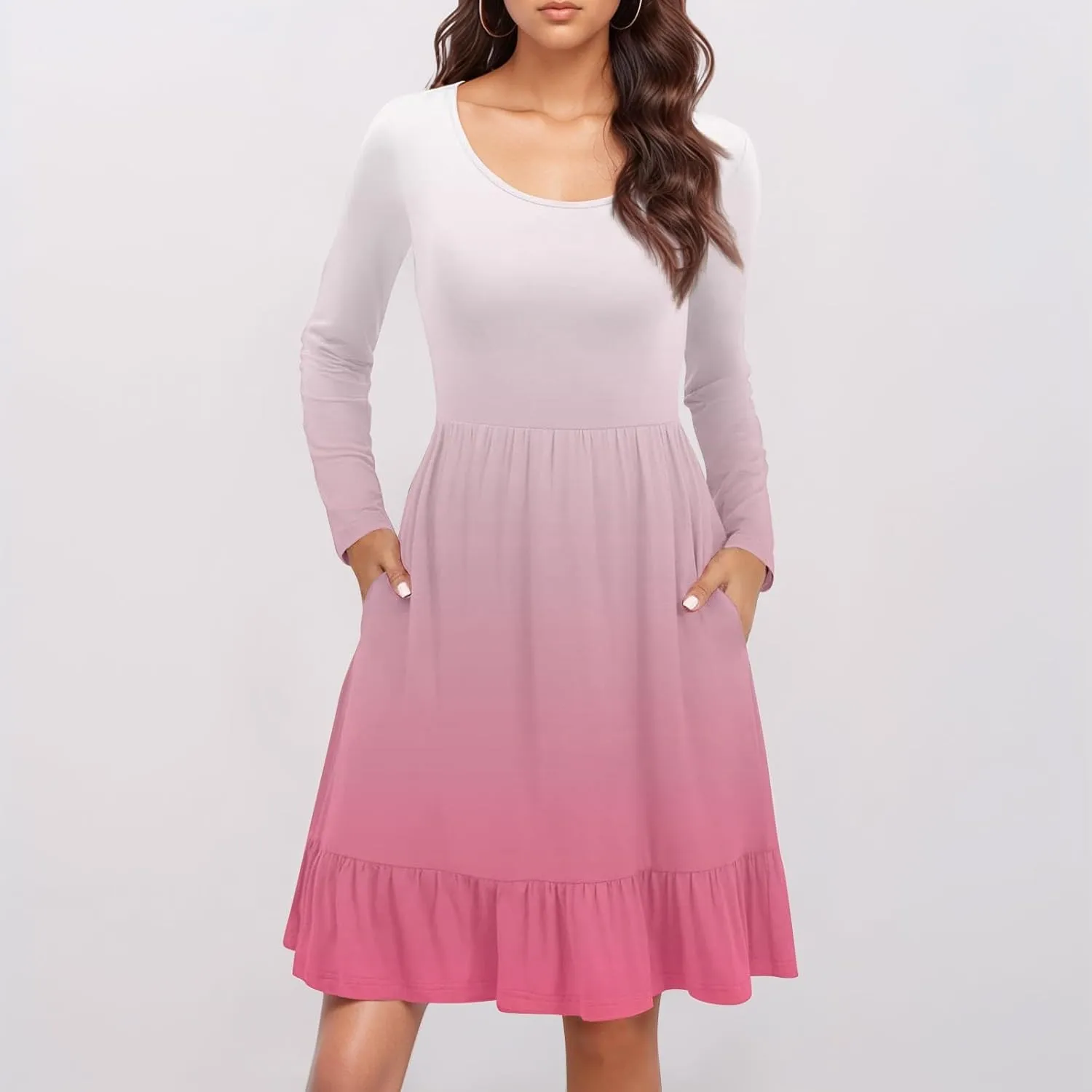 Women's Casual Short Dress Knee Length Crewneck Long Sleeve A Line Flowy Striped Going Out Dresses