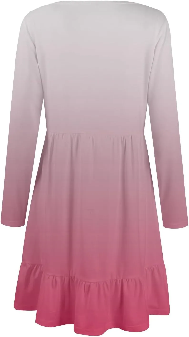 Women's Casual Short Dress Knee Length Crewneck Long Sleeve A Line Flowy Striped Going Out Dresses
