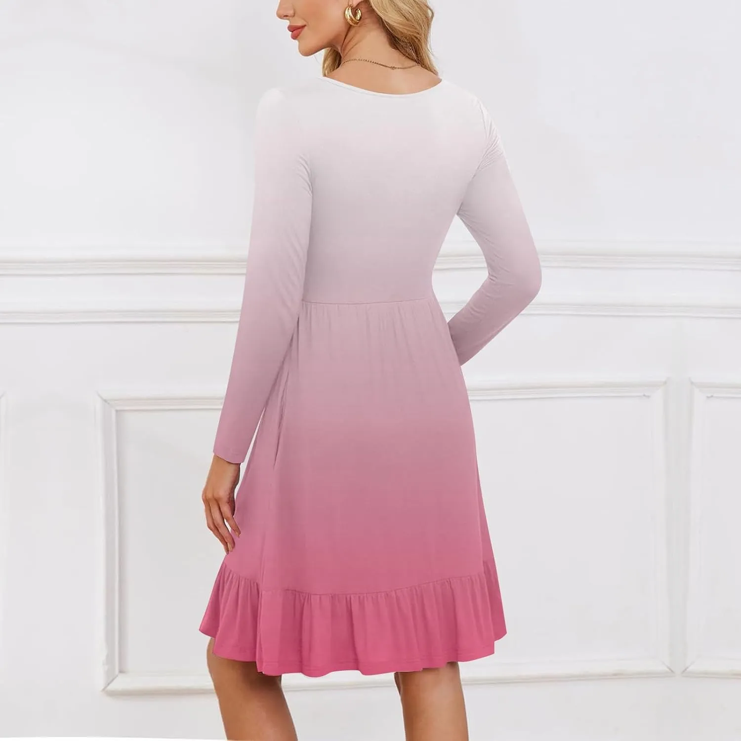 Women's Casual Short Dress Knee Length Crewneck Long Sleeve A Line Flowy Striped Going Out Dresses