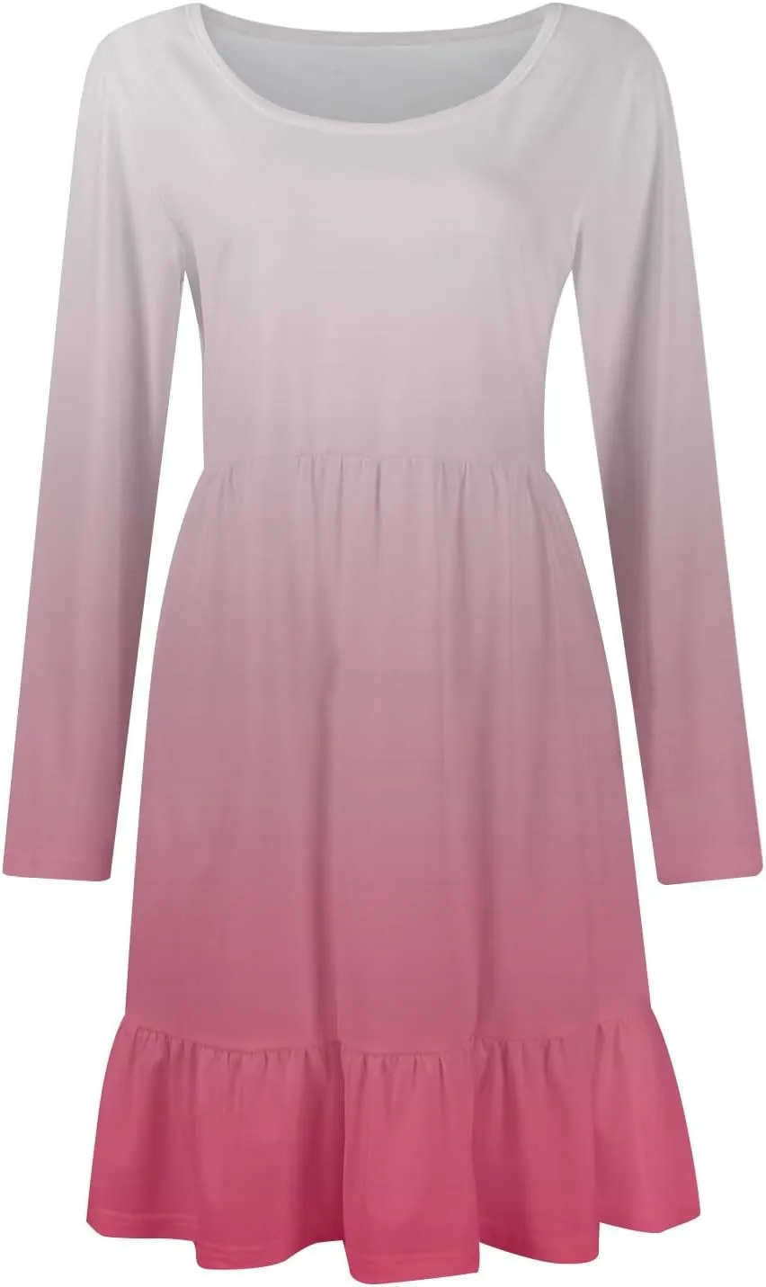 Women's Casual Short Dress Knee Length Crewneck Long Sleeve A Line Flowy Striped Going Out Dresses