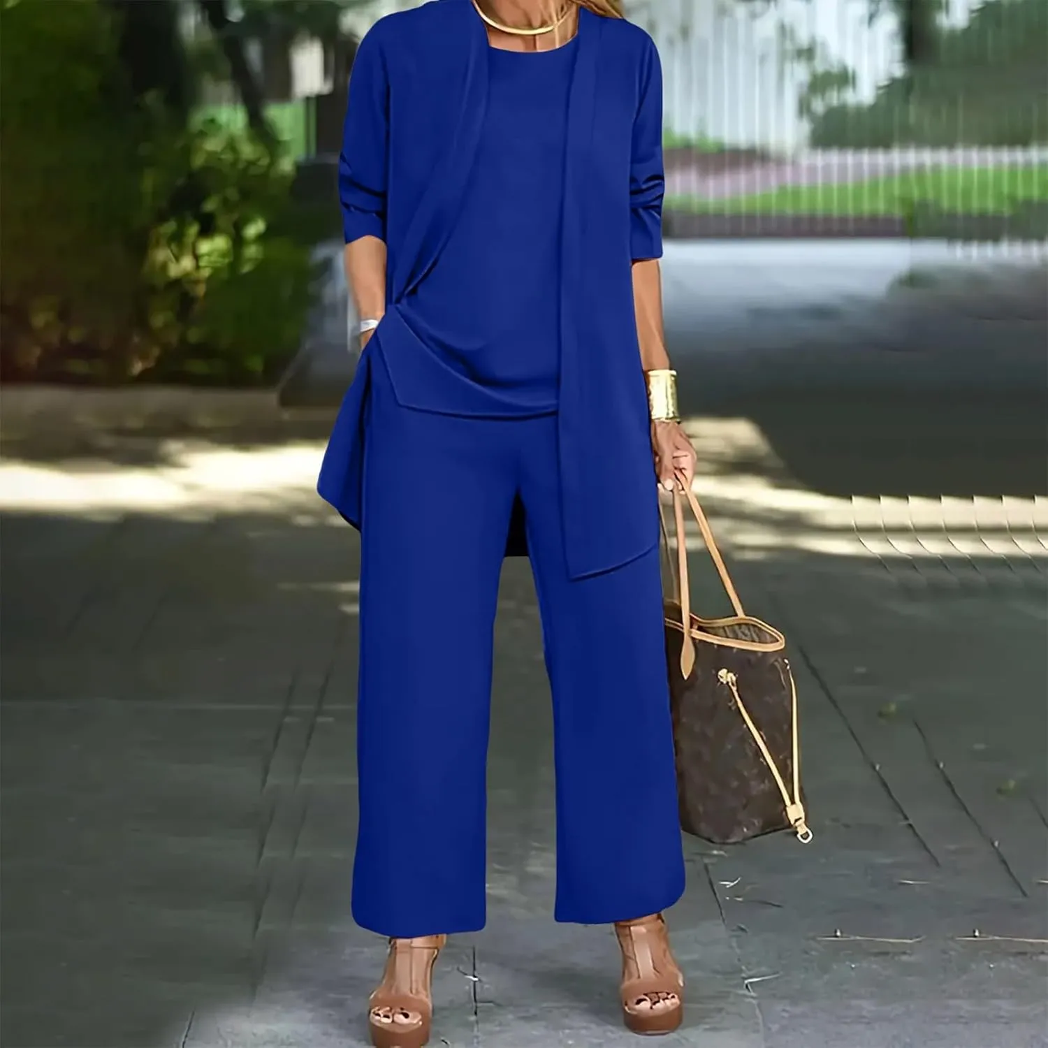 Womens Chiffon 3 Piece Outfit Sets Solid Formal Wide Leg Pant Suits Dressy Wedding Guest Pantsuits