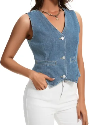 Womens Denim Vest Sleeveless V Neck Button Down Jean Jacket Y2K Summer Crop Tops