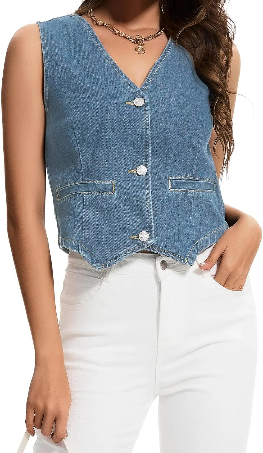 Womens Denim Vest Sleeveless V Neck Button Down Jean Jacket Y2K Summer Crop Tops