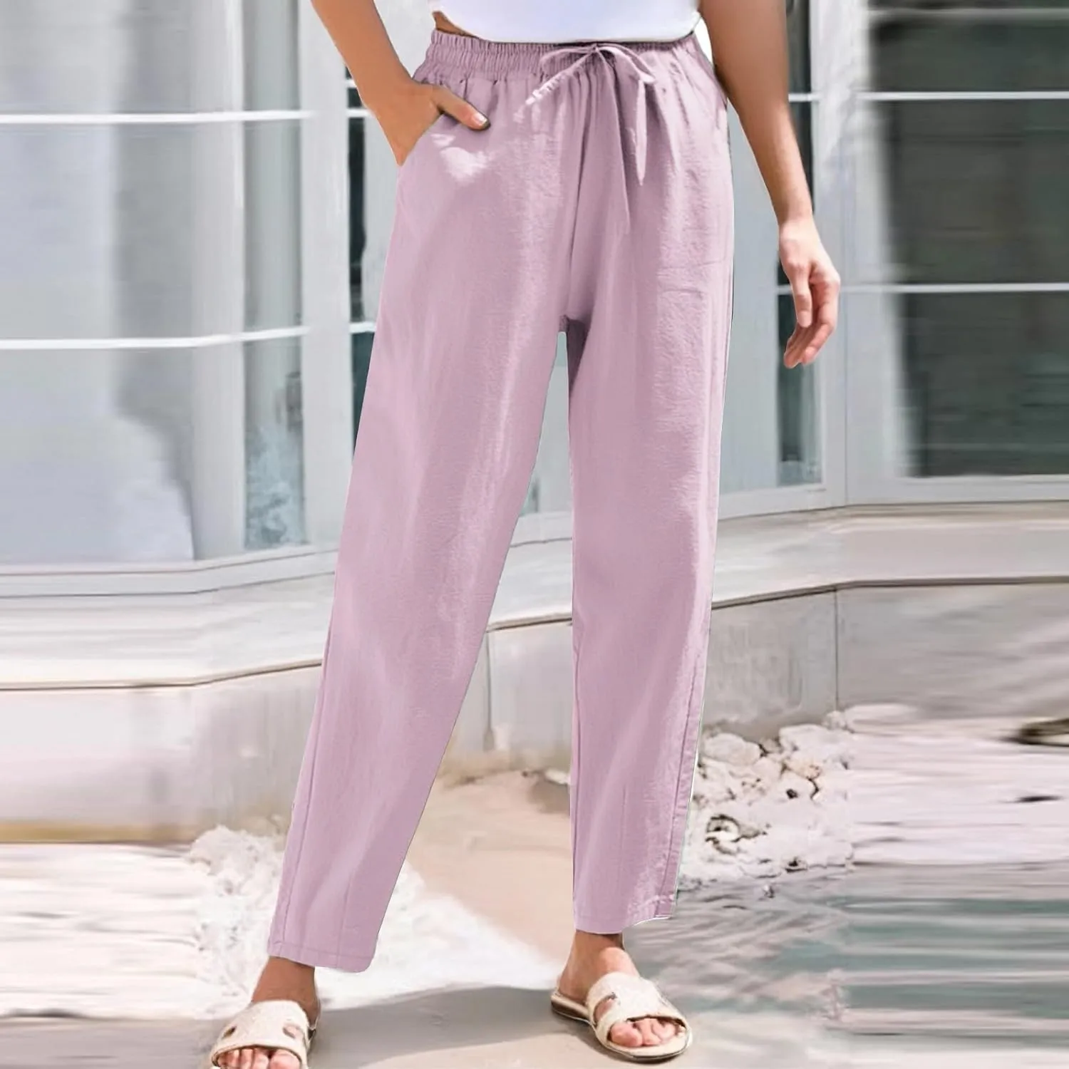 Womens Dress Pants Golf,Dress Sweatpants Women Plus Size Low Rise Cotton Linen Baggy Wide Leg Trousers