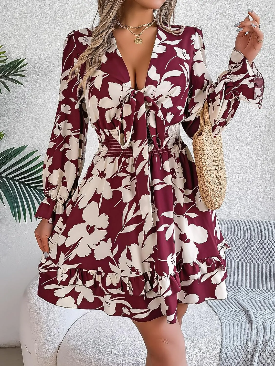 Womens Dresses 2024 Floral V Neck Ruffle Long Sleeve Elastic Waist Casual A-Line Mini Dress S~XL