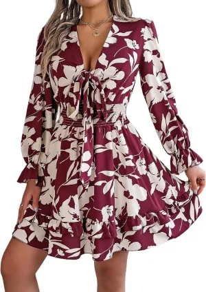 Womens Dresses 2024 Floral V Neck Ruffle Long Sleeve Elastic Waist Casual A-Line Mini Dress S~XL