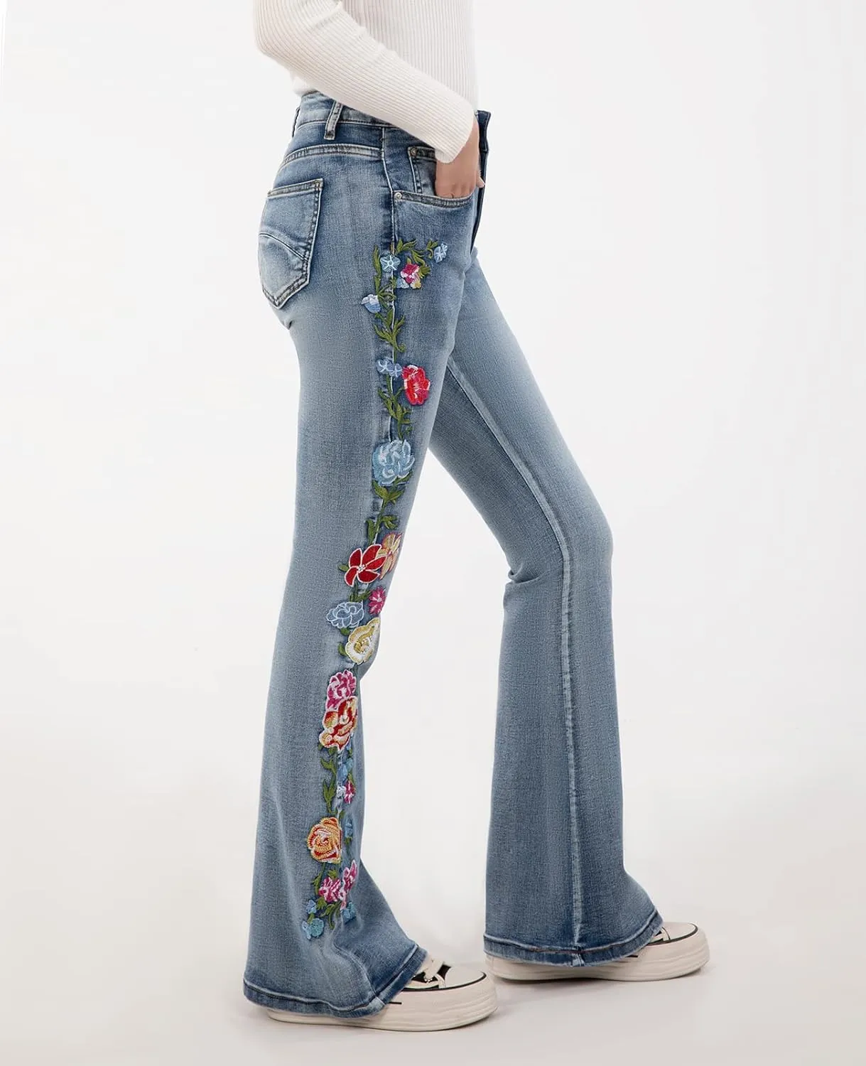 Women's Embroidered Bell Bottom Jeans Stretch Flared Fit Wide Leg Denim Pants