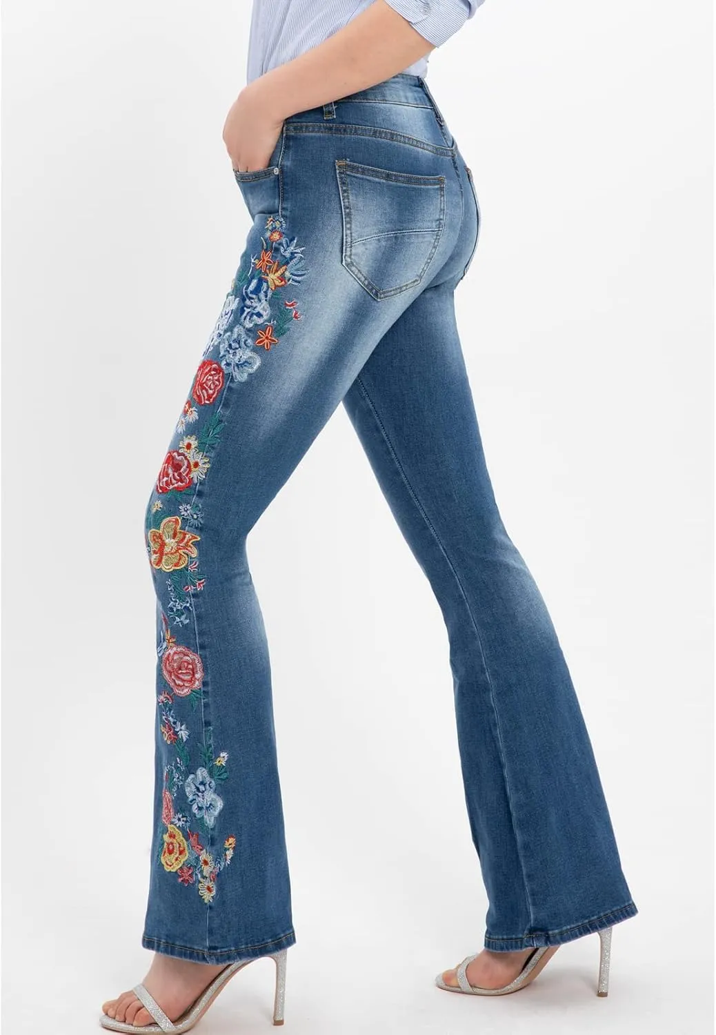 Women's Embroidered Bell Bottom Jeans Stretch Flared Fit Wide Leg Denim Pants