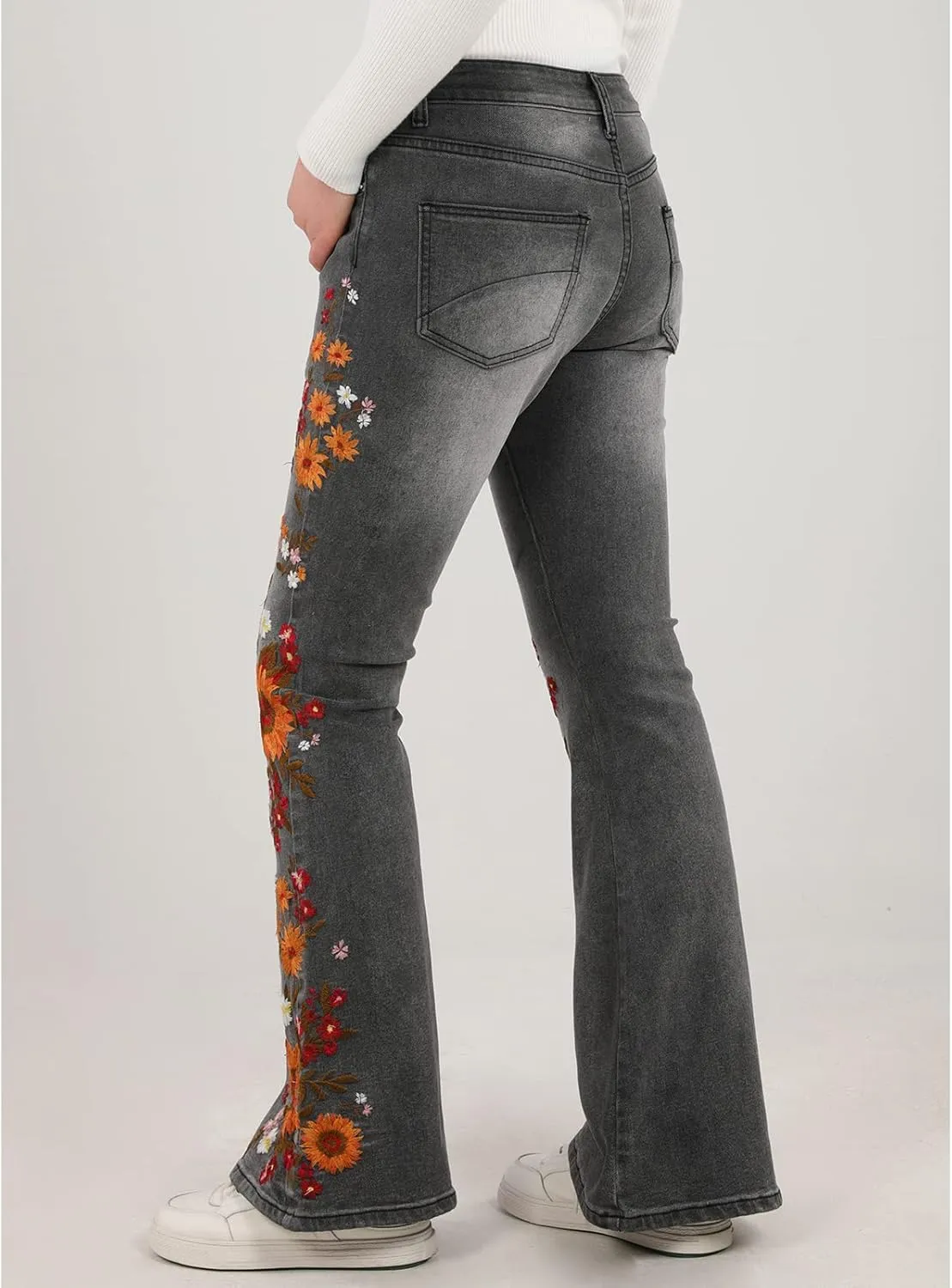 Women's Embroidered Bell Bottom Jeans Stretch Flared Fit Wide Leg Denim Pants
