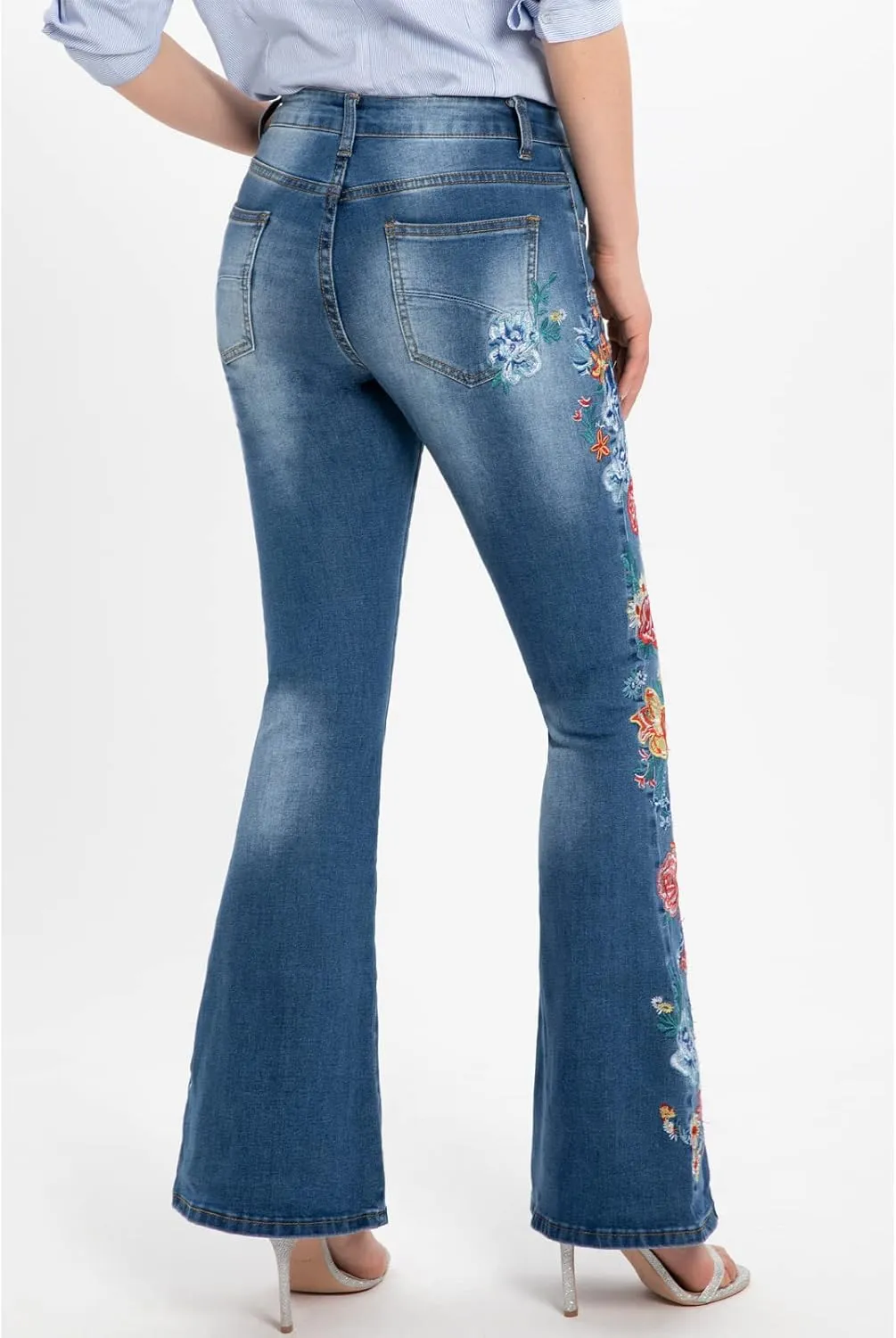 Women's Embroidered Bell Bottom Jeans Stretch Flared Fit Wide Leg Denim Pants