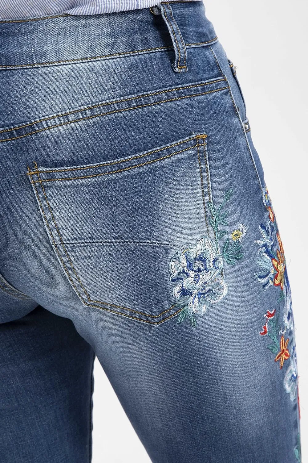 Women's Embroidered Bell Bottom Jeans Stretch Flared Fit Wide Leg Denim Pants