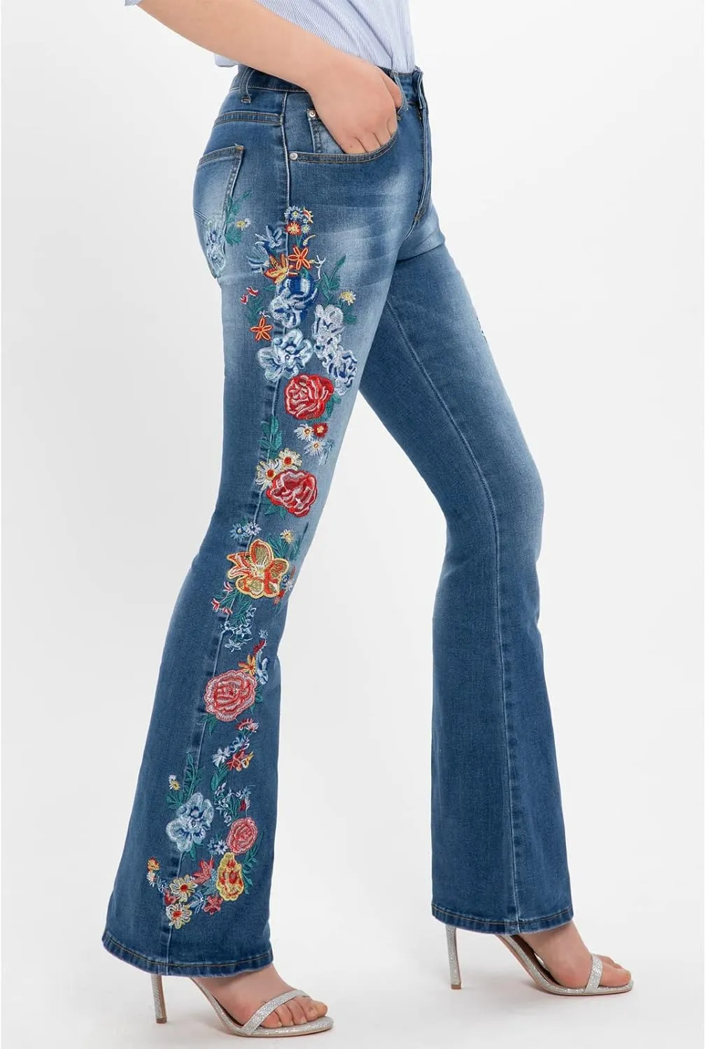 Women's Embroidered Bell Bottom Jeans Stretch Flared Fit Wide Leg Denim Pants