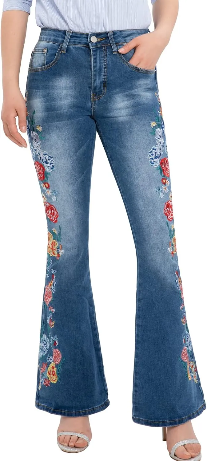 Women's Embroidered Bell Bottom Jeans Stretch Flared Fit Wide Leg Denim Pants