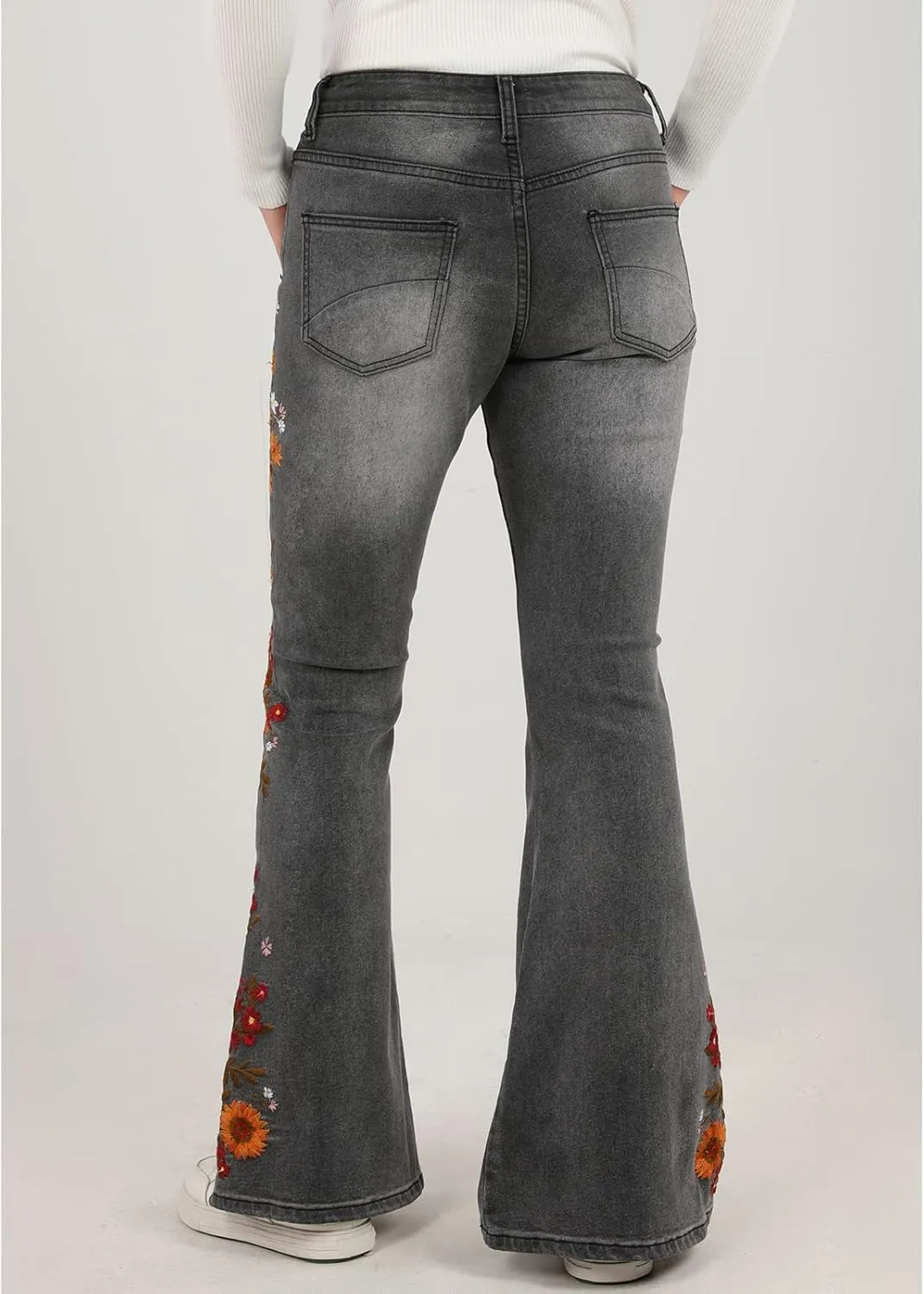 Women's Embroidered Bell Bottom Jeans Stretch Flared Fit Wide Leg Denim Pants