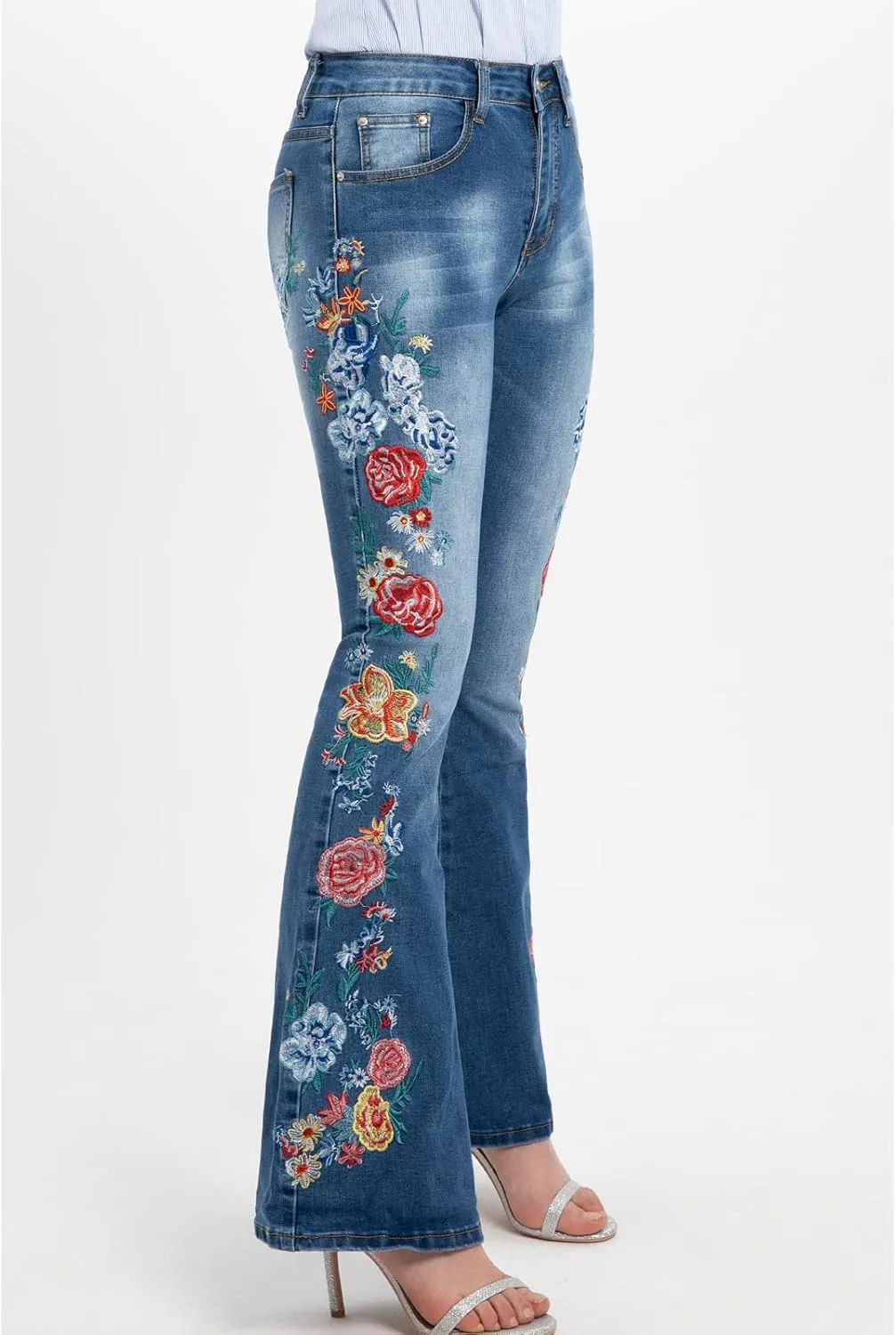 Women's Embroidered Bell Bottom Jeans Stretch Flared Fit Wide Leg Denim Pants