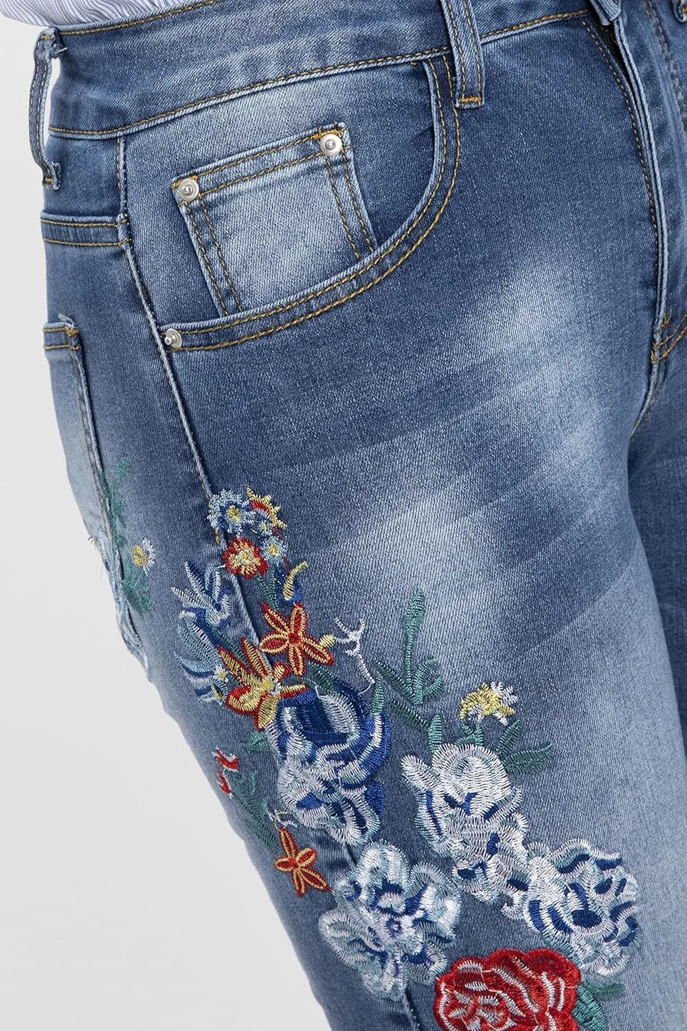 Women's Embroidered Bell Bottom Jeans Stretch Flared Fit Wide Leg Denim Pants