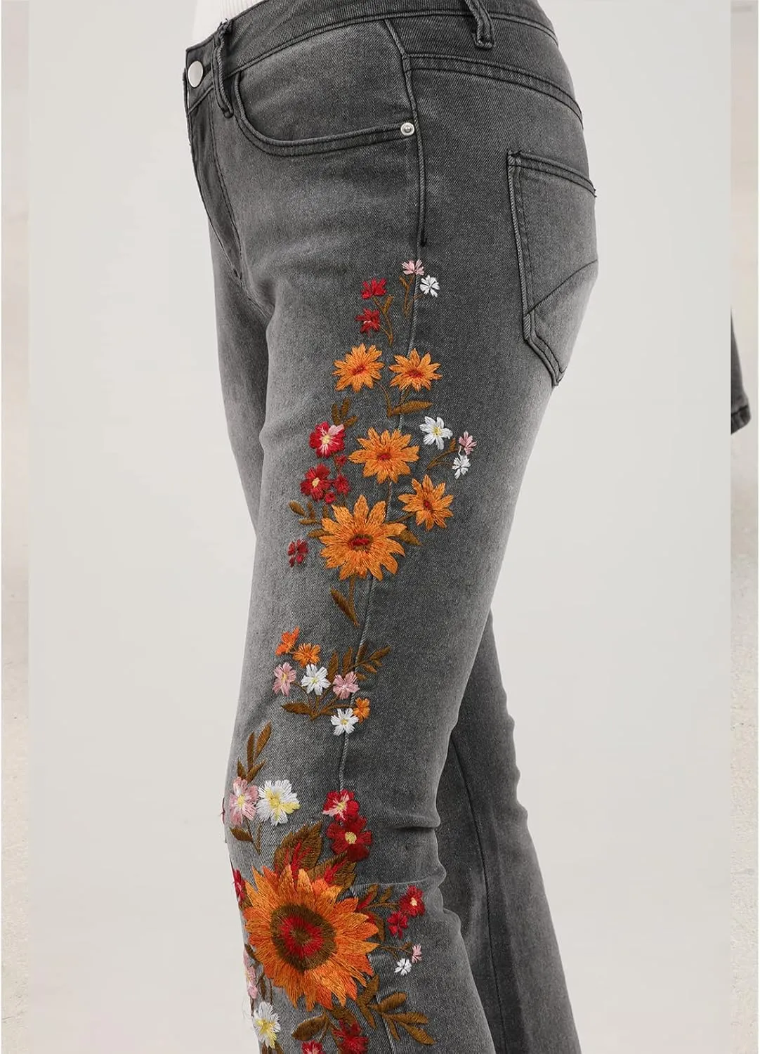 Women's Embroidered Bell Bottom Jeans Stretch Flared Fit Wide Leg Denim Pants