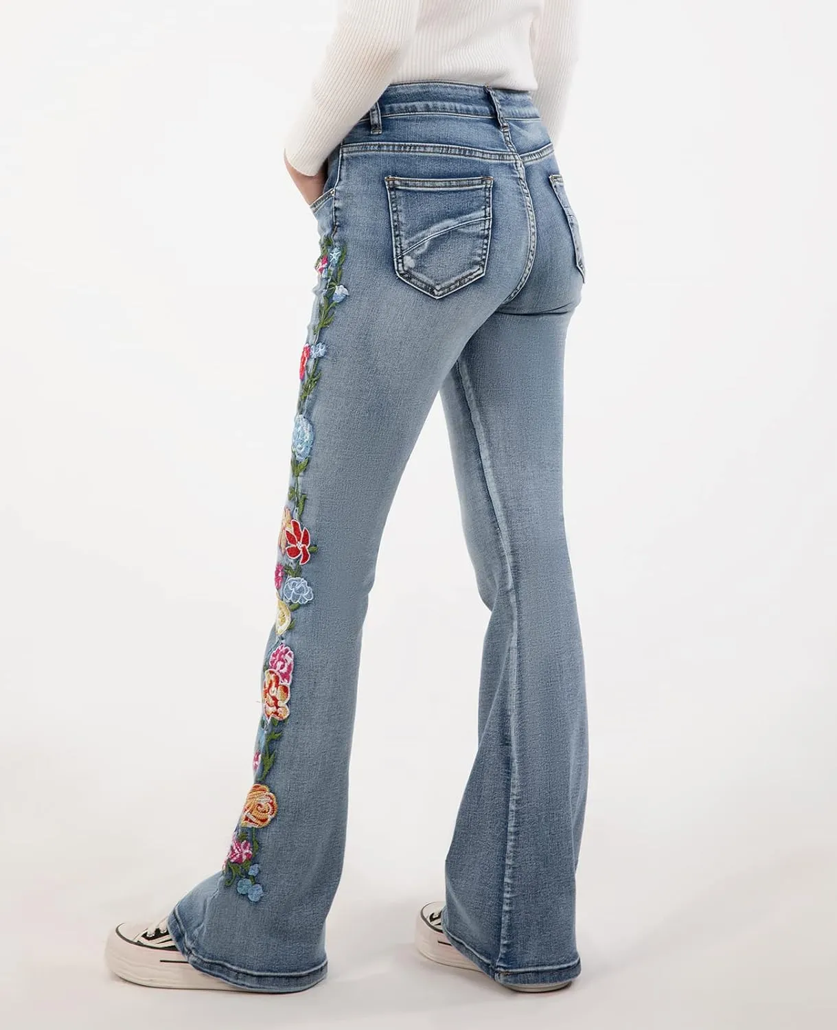 Women's Embroidered Bell Bottom Jeans Stretch Flared Fit Wide Leg Denim Pants