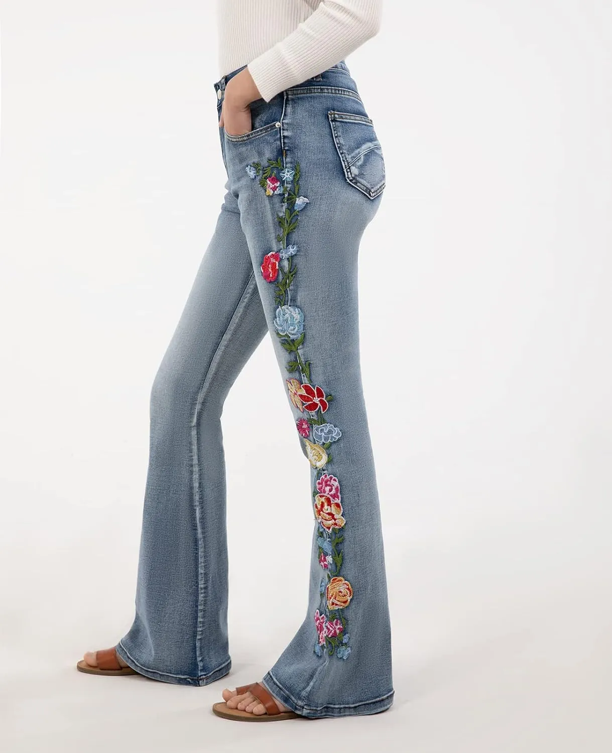 Women's Embroidered Bell Bottom Jeans Stretch Flared Fit Wide Leg Denim Pants