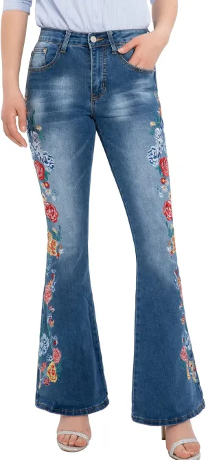 Women's Embroidered Bell Bottom Jeans Stretch Flared Fit Wide Leg Denim Pants