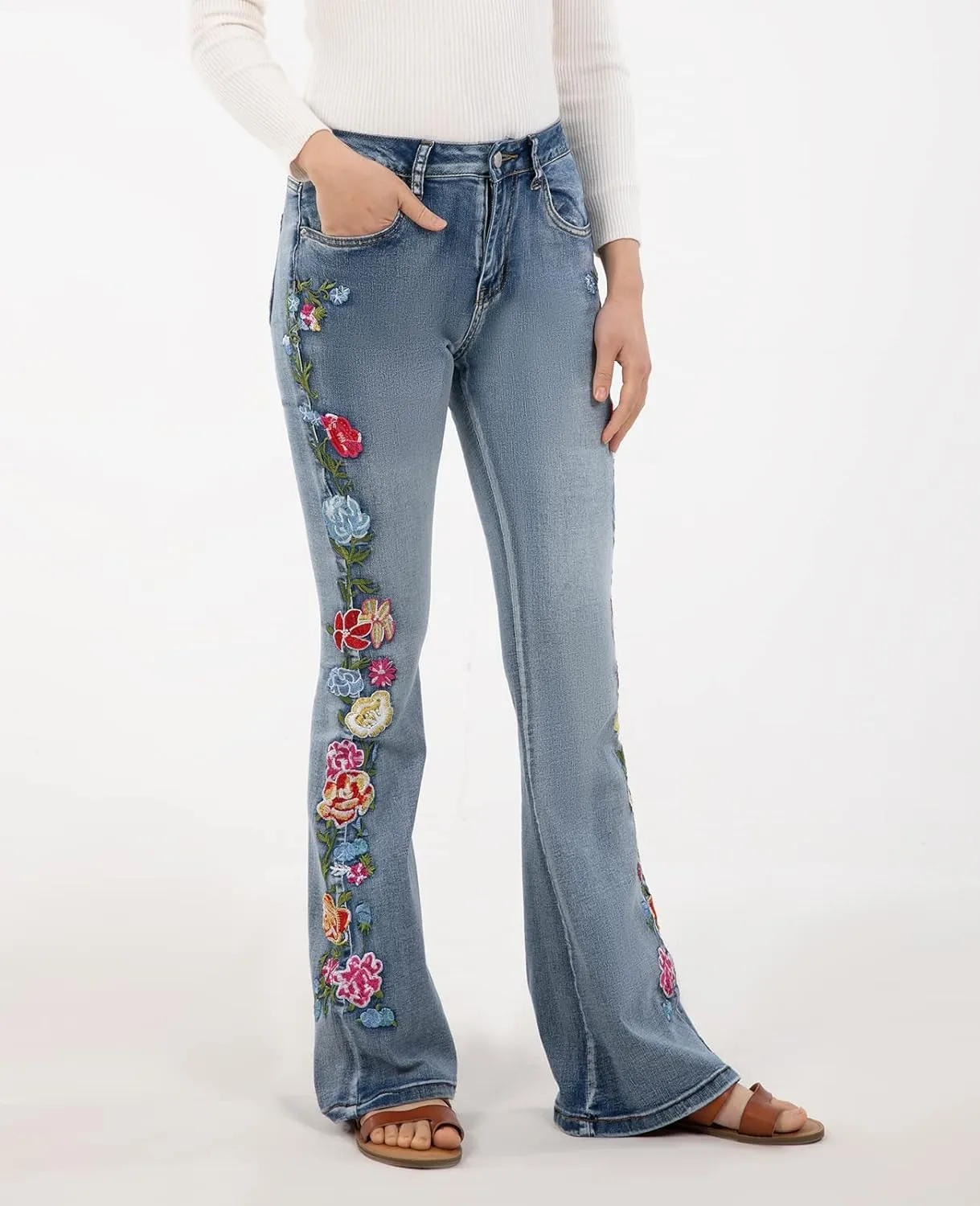 Women's Embroidered Bell Bottom Jeans Stretch Flared Fit Wide Leg Denim Pants