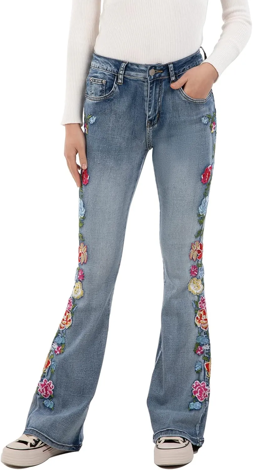 Women's Embroidered Bell Bottom Jeans Stretch Flared Fit Wide Leg Denim Pants