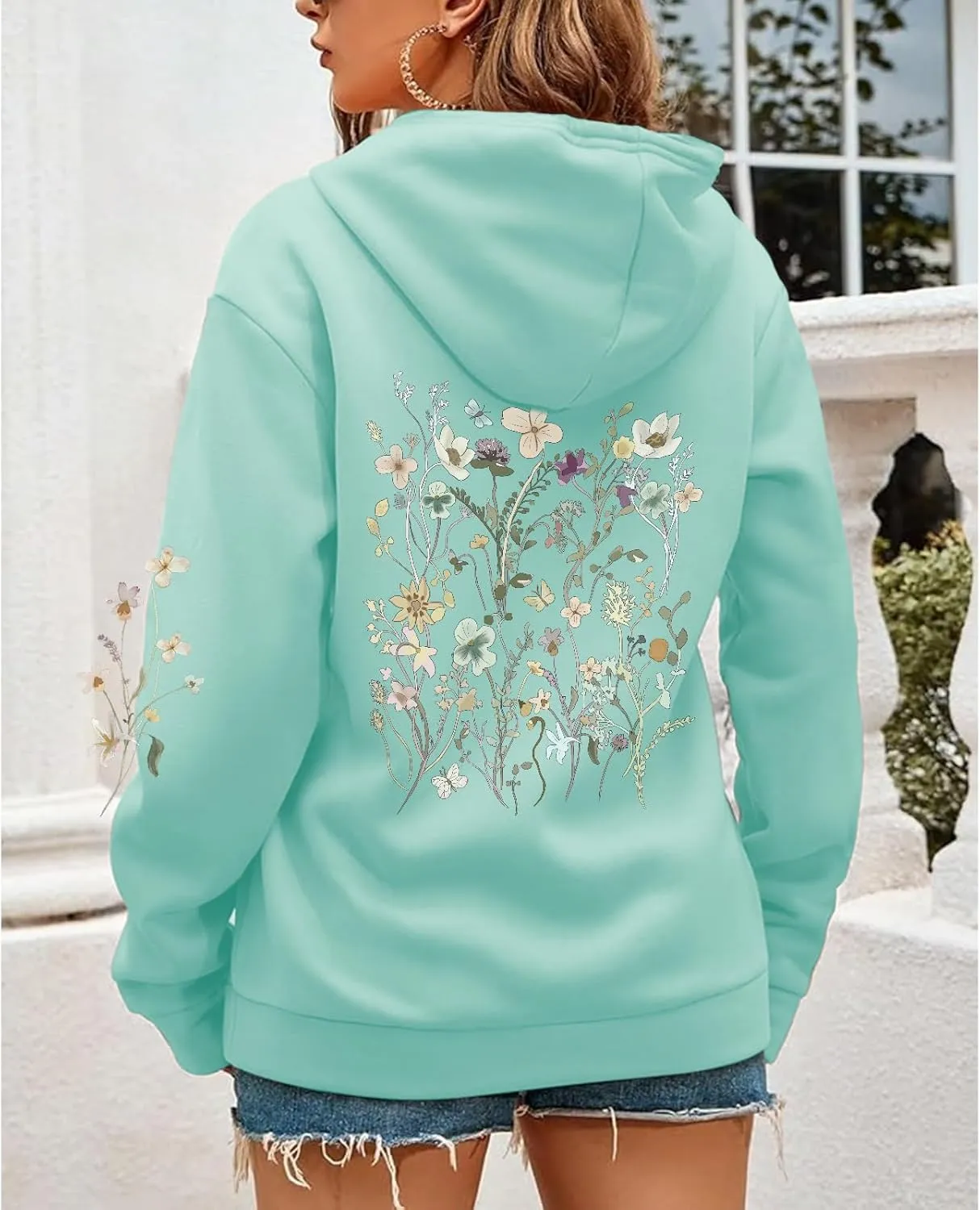 Women's Floral Printed Hoodies Vintage Aesthetic Flower Graphic Sweatshirt Cute Boho Fleece Thermal Hoodie Pullover