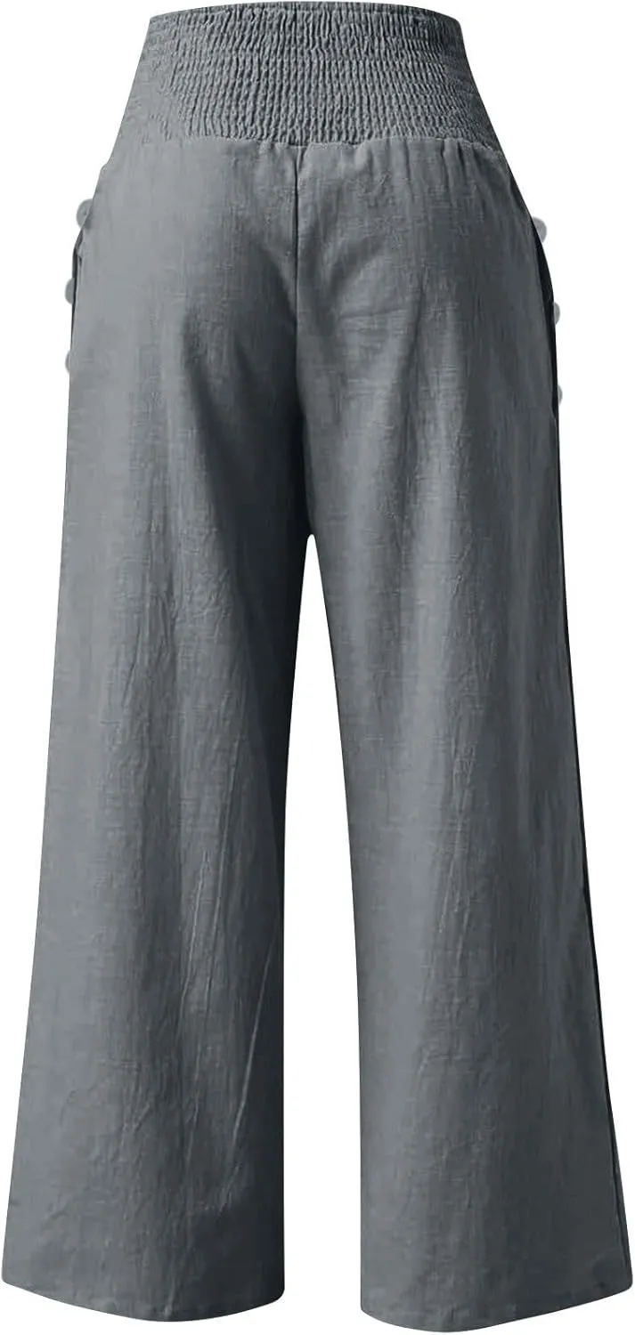 Womens Linen Pants 2025 Summer Casual Loose Wide Leg Palazzo Pants Elastic High Waist Flowy Beach Trousers Outfits