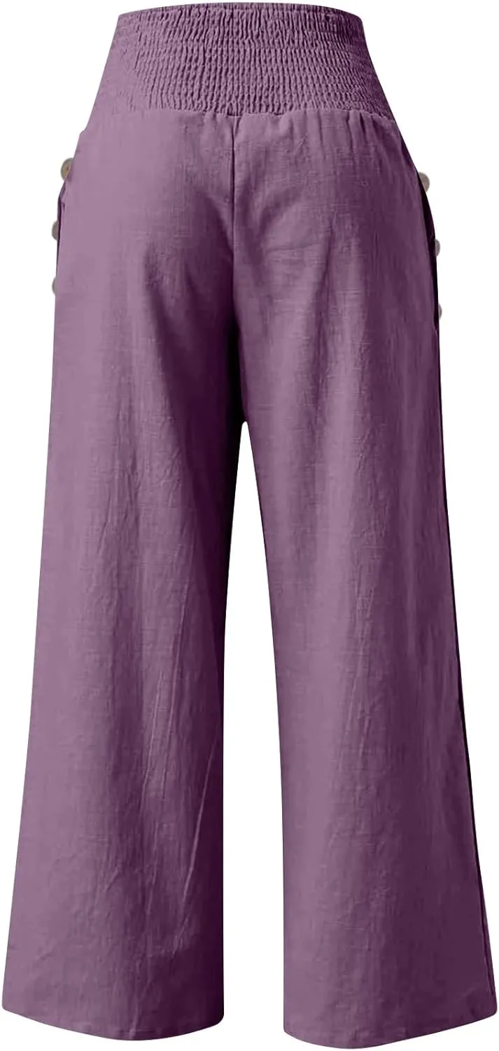 Womens Linen Pants 2025 Summer Casual Loose Wide Leg Palazzo Pants Elastic High Waist Flowy Beach Trousers Outfits