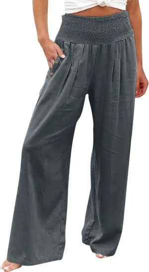 Womens Linen Pants 2025 Summer Casual Loose Wide Leg Palazzo Pants Elastic High Waist Flowy Beach Trousers Outfits