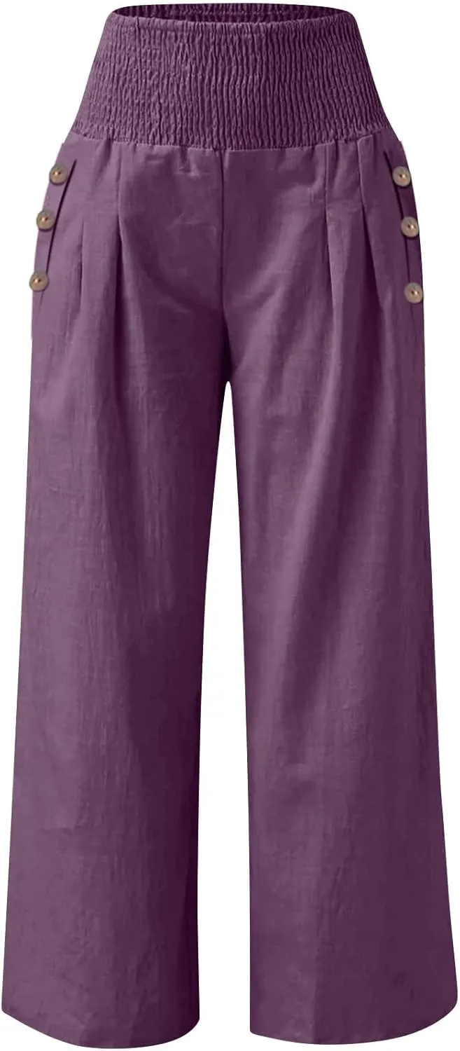 Womens Linen Pants 2025 Summer Casual Loose Wide Leg Palazzo Pants Elastic High Waist Flowy Beach Trousers Outfits