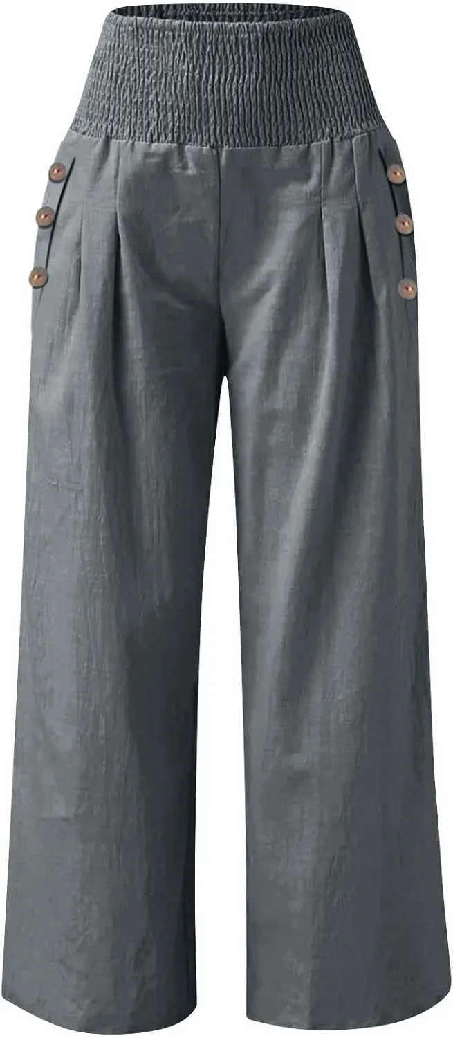 Womens Linen Pants 2025 Summer Casual Loose Wide Leg Palazzo Pants Elastic High Waist Flowy Beach Trousers Outfits