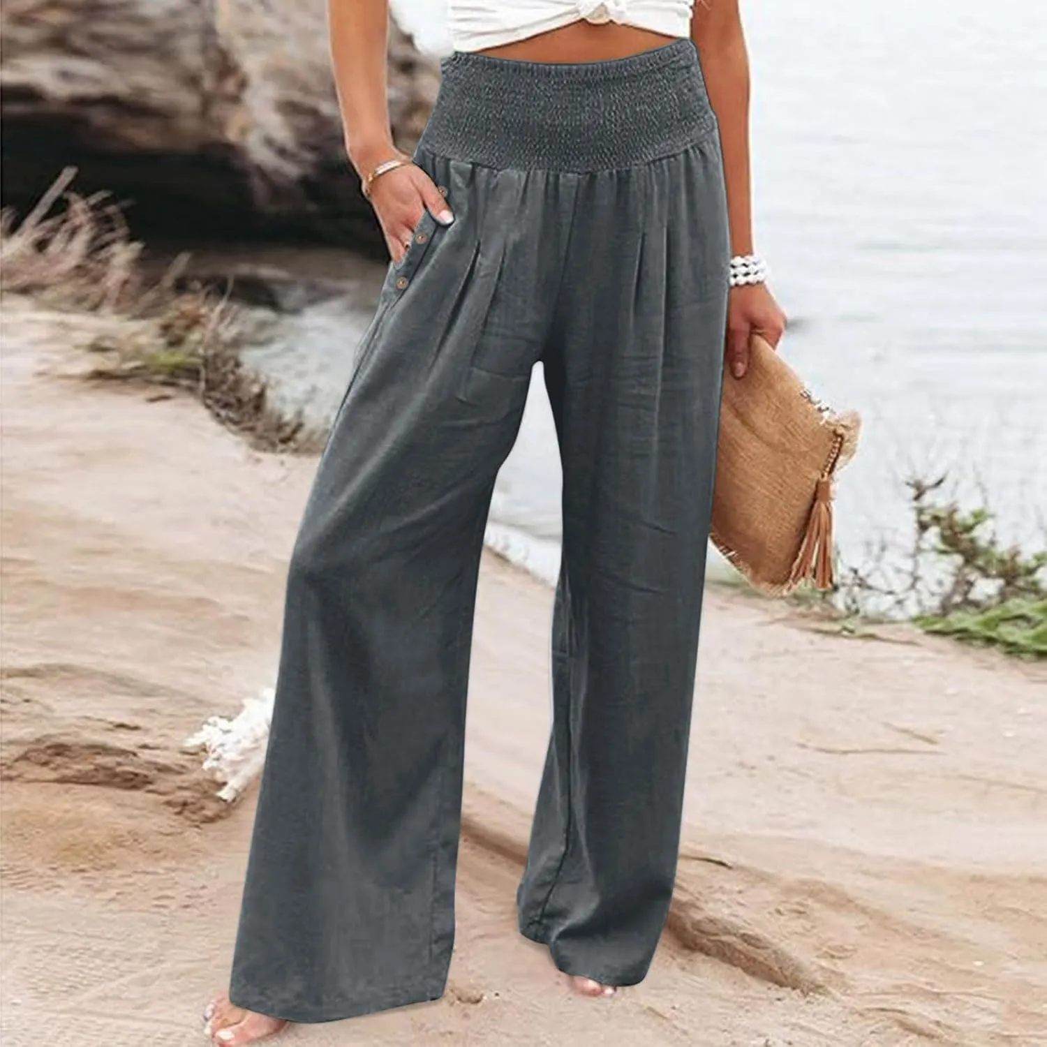 Womens Linen Pants 2025 Summer Casual Loose Wide Leg Palazzo Pants Elastic High Waist Flowy Beach Trousers Outfits